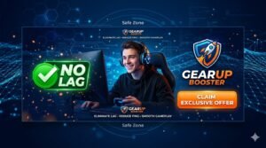 A high-quality 16:9 gaming banner for GearUP Booster featuring a dark blue digital network background. In the center "Safe Zone," a happy young gamer with headphones sits at a desk. To his left is a large green "NO LAG" checkmark icon. To his right is the GearUP Booster logo—a rocket inside a shield—and a bright orange "CLAIM EXCLUSIVE OFFER" button. The layout is centered to ensure all key text and elements remain visible across different device displays.